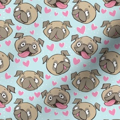 Small Fawn Pugs and Hearts blue