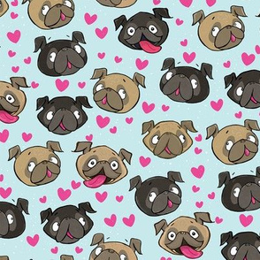 Fawn and Black Pug Love Hearts Blue