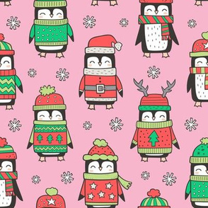 Christmas Holiday Winter Penguins in Ugly Sweaters Scarves & Hats On Pink