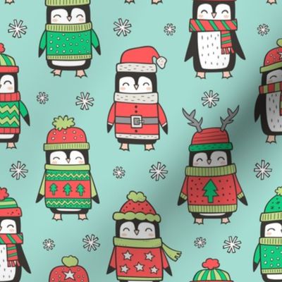 Christmas Holiday Winter Penguins in Ugly Sweaters Scarves & Hats On Mint Green