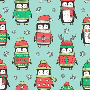 Christmas Holiday Winter Penguins in Ugly Sweaters Scarves & Hats On Mint Green