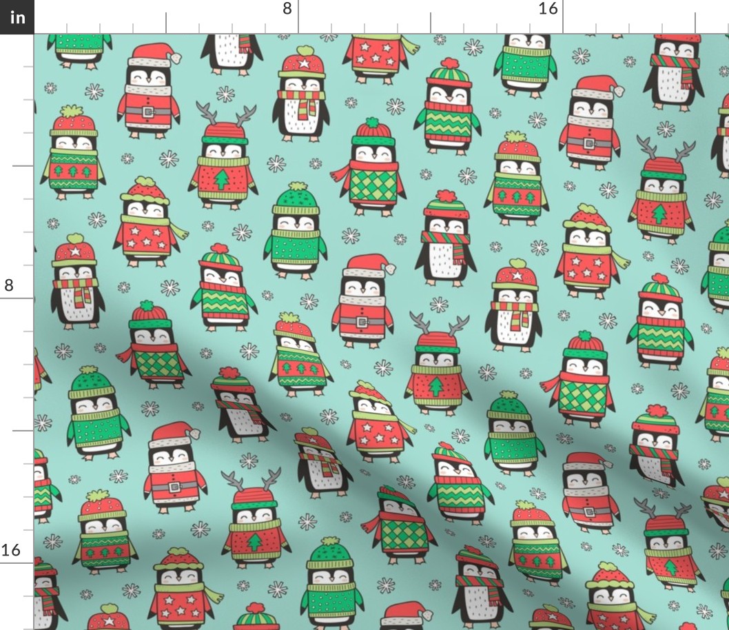 Christmas Holiday Winter Penguins in Ugly Sweaters Scarves & Hats On Mint Green