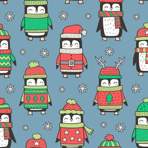 Christmas Holiday Winter Penguins in Ugly Sweaters Scarves & Hats On Dark Blue Navy