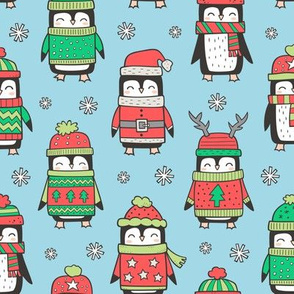 Christmas Holiday Winter Penguins in Ugly Sweaters Scarves & Hats On Blue