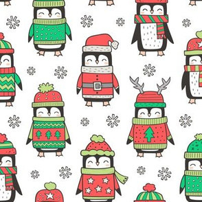 Christmas Holiday Winter Penguins in Ugly Sweaters Scarves & Hats On White