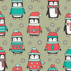 Christmas Holiday Winter Penguins in Ugly Sweaters Scarves & Hats Mint Green Red On Olive Green