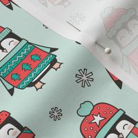 Christmas Holiday Winter Penguins in Ugly Sweaters Scarves & Hats Mint Green Red On Mint Green