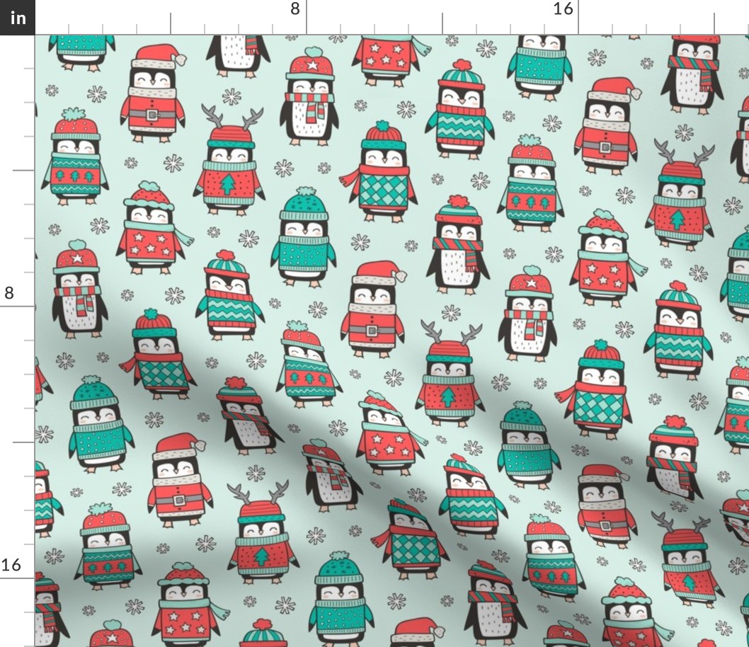 Christmas Holiday Winter Penguins in Ugly Sweaters Scarves & Hats Mint Green Red On Mint Green