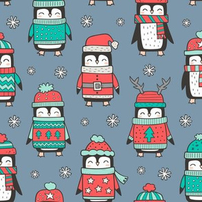 Christmas Holiday Winter Penguins in Ugly Sweaters Scarves & Hats Mint Green Red On Dark Blue Navy