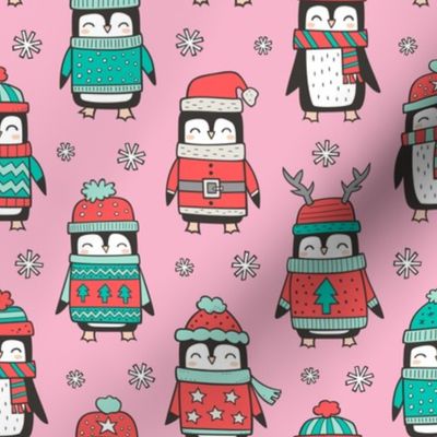 Christmas Holiday Winter Penguins in Ugly Sweaters Scarves & Hats Mint Green Red On Pink