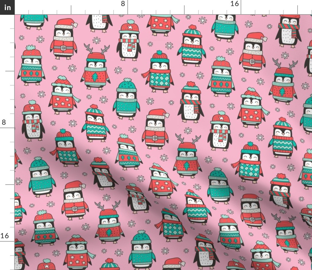 Christmas Holiday Winter Penguins in Ugly Sweaters Scarves & Hats Mint Green Red On Pink