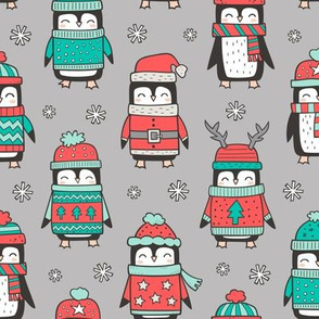 Christmas Holiday Winter Penguins in Ugly Sweaters Scarves & Hats Mint Green Red On Grey