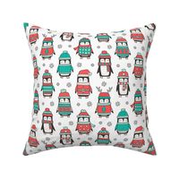 Christmas Holiday Winter Penguins in Ugly Sweaters Scarves & Hats Mint Green Red On White