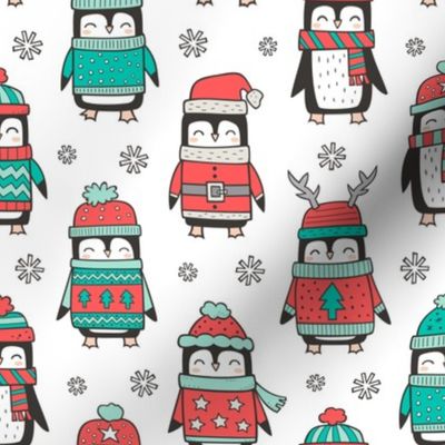 Christmas Holiday Winter Penguins in Ugly Sweaters Scarves & Hats Mint Green Red On White