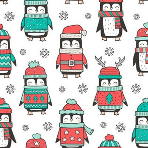 Christmas Holiday Winter Penguins in Ugly Sweaters Scarves & Hats Mint Green Red On White