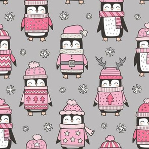 Christmas Holiday Winter Penguins in Ugly Sweaters Scarves & Hats Pink On Grey