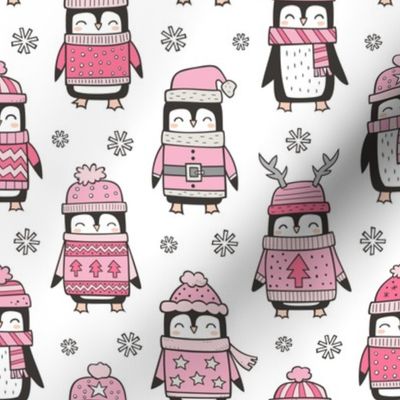 Christmas Holiday Winter Penguins in Ugly Sweaters Scarves & Hats Pink On White