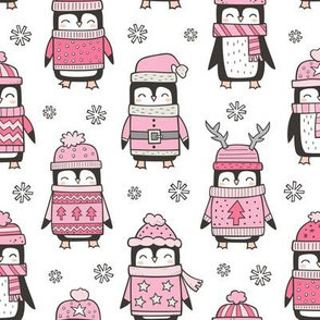 Christmas Holiday Winter Penguins in Ugly Sweaters Scarves & Hats Pink On White