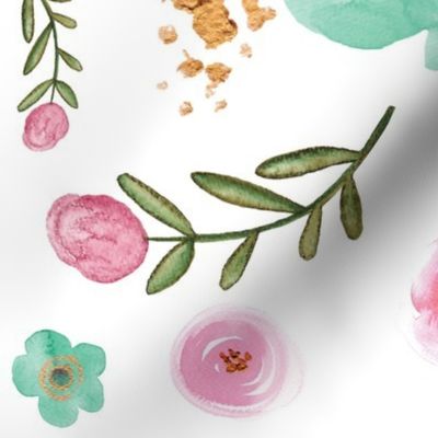 Watercolor Pink, Mint and Gold Floral 