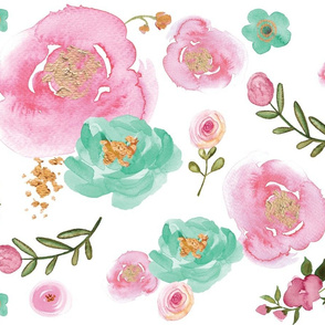 Watercolor Pink, Mint and Gold Floral 