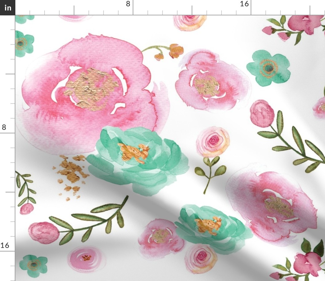 Watercolor Pink, Mint and Gold Floral 