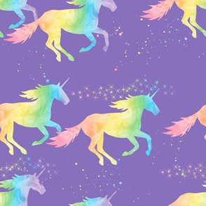watercolor unicorns - pastel rainbow on purple