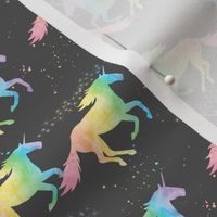 (small scale) watercolor unicorns - pastel rainbow on dark grey