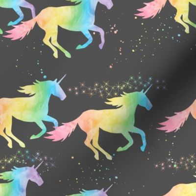 watercolor unicorns - pastel rainbow on dark grey