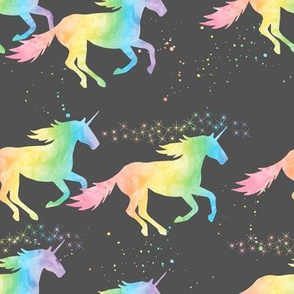 watercolor unicorns - pastel rainbow on dark grey