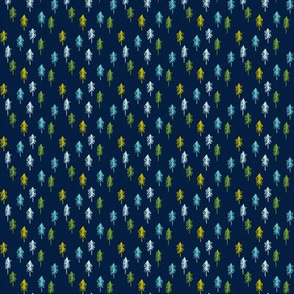 (micro print) trees - multi blue and green on navy