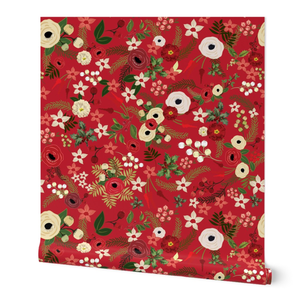 Vintage Christmas Floral Red 