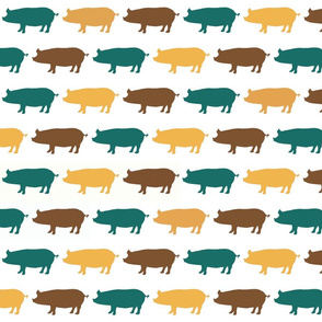 Pigs Teal Mustard Brown on White Upholstery Fabric