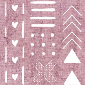 Large / Mud Cloth and Hearts // Dusty Rose Washed Linen