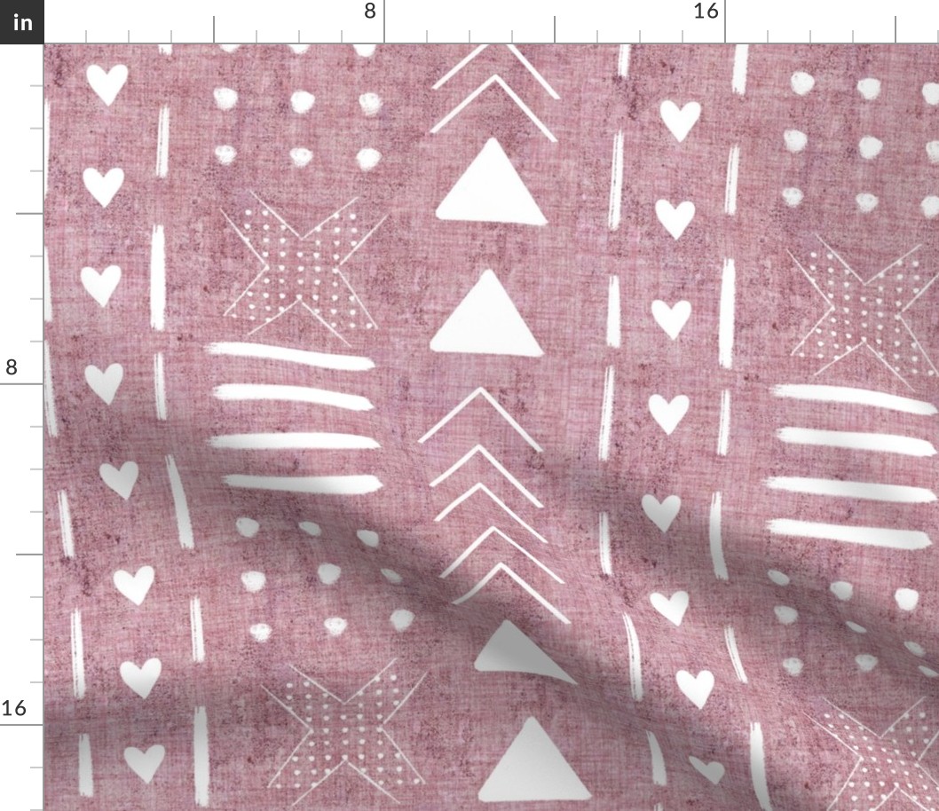 Large / Mud Cloth and Hearts // Dusty Rose Washed Linen