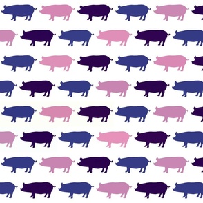 Pigs Purple Lavender Blue on White Upholstery Fabric