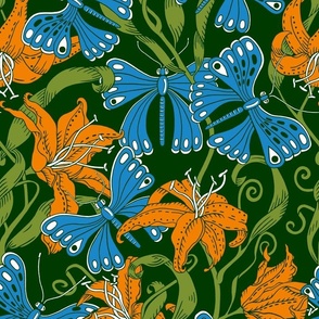 blue butterflies in tiger lilies
