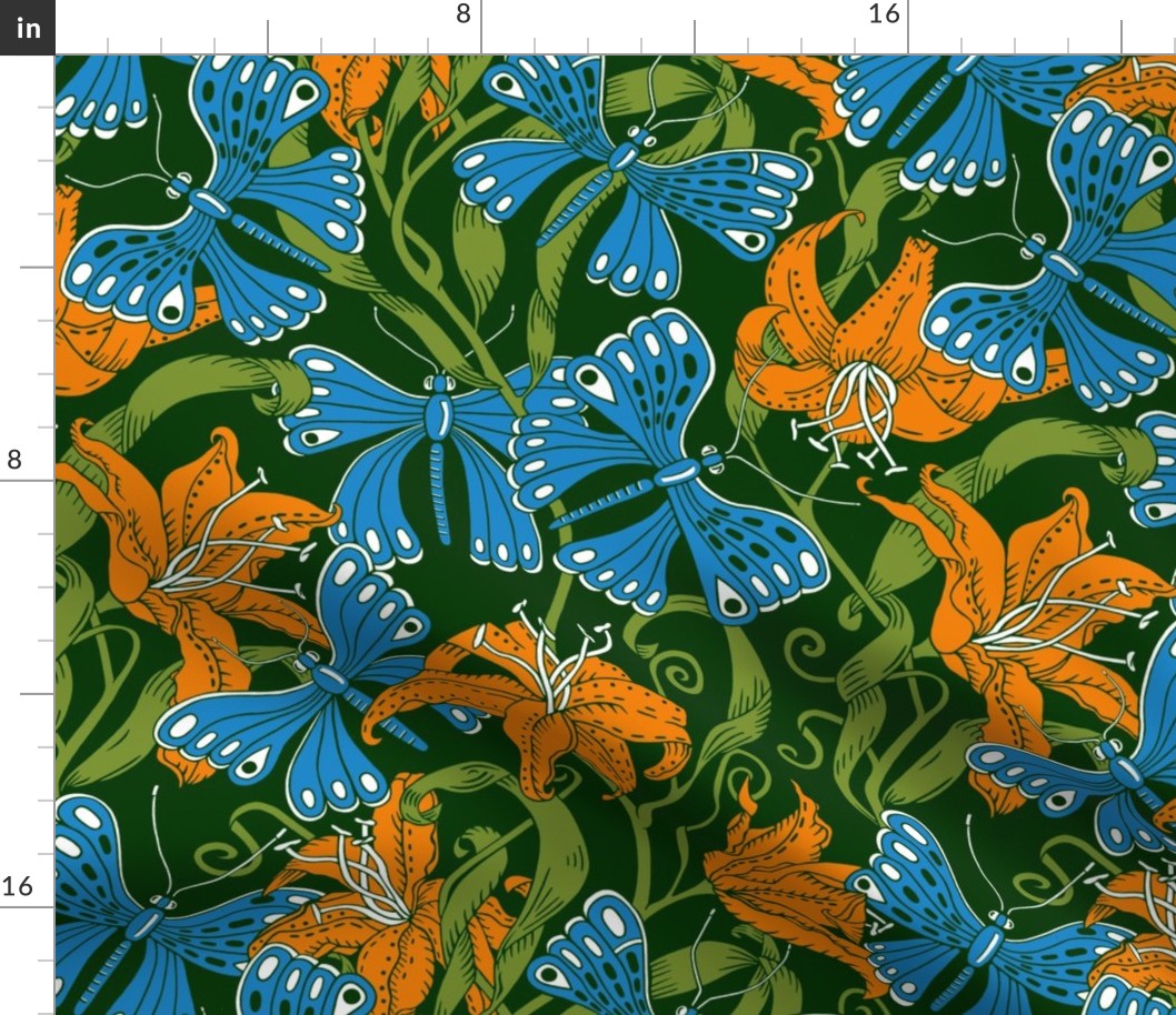 blue butterflies in tiger lilies