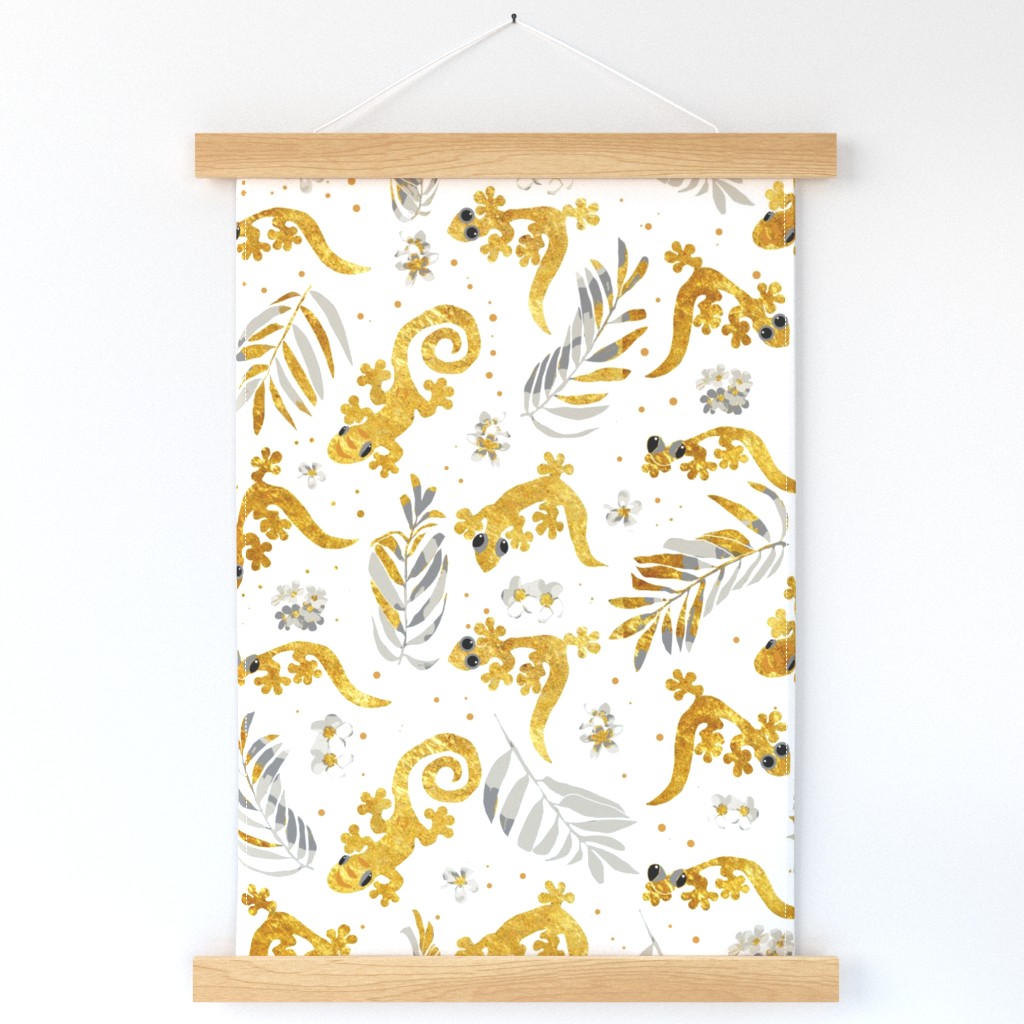 Geckos and Palm Leaves in Gold Gray Black and White by kedoki in 24 repeat 