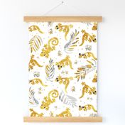 Geckos and Palm Leaves in Gold Gray Black and White by kedoki in 24 repeat 