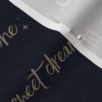 Halfscale Sweet Dreams Little One - tan on navy linen - moon and stars