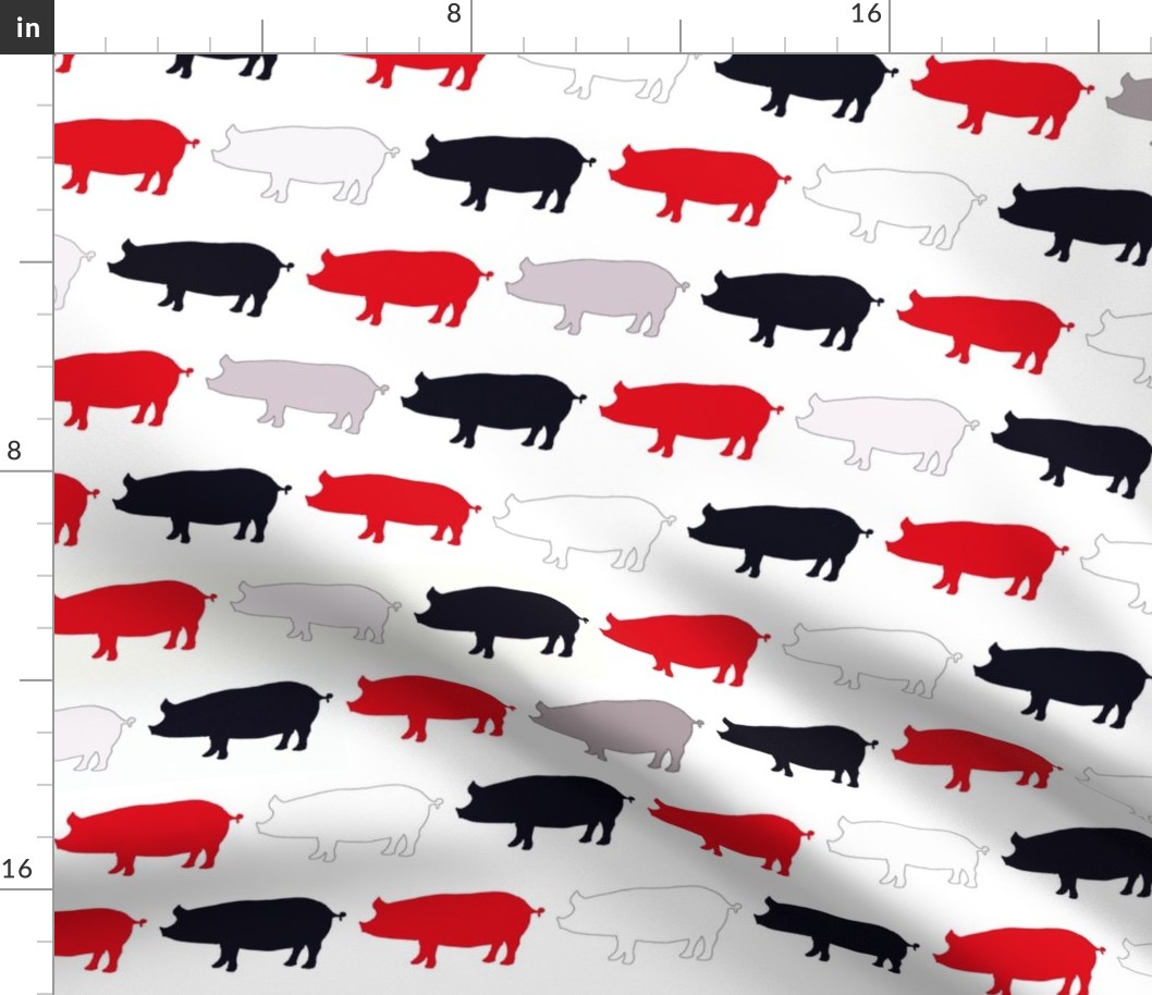Pigs Red and Black on White Upholstery Fabric