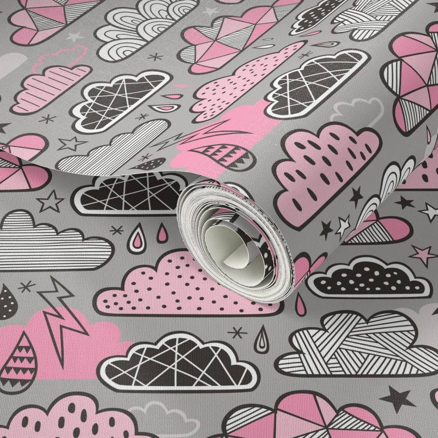 Clouds Bolts Lightning Raindrops Geometric Patterned Cloud Doodle Pink on Grey