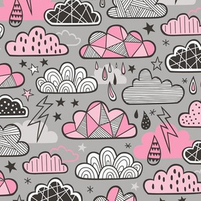 Clouds Bolts Lightning Raindrops Geometric Patterned Cloud Doodle Pink on Grey