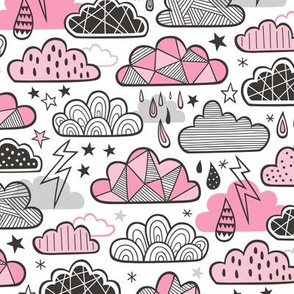 Clouds Bolts Lightning Raindrops Geometric Patterned Cloud Doodle Pink 