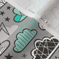 Clouds Bolts Lightning Raindrops Geometric Patterned Cloud Doodle Green on Grey