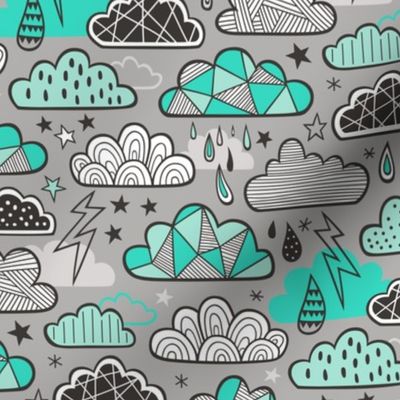 Clouds Bolts Lightning Raindrops Geometric Patterned Cloud Doodle Green on Grey