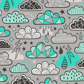 Clouds Bolts Lightning Raindrops Geometric Patterned Cloud Doodle Green on Grey