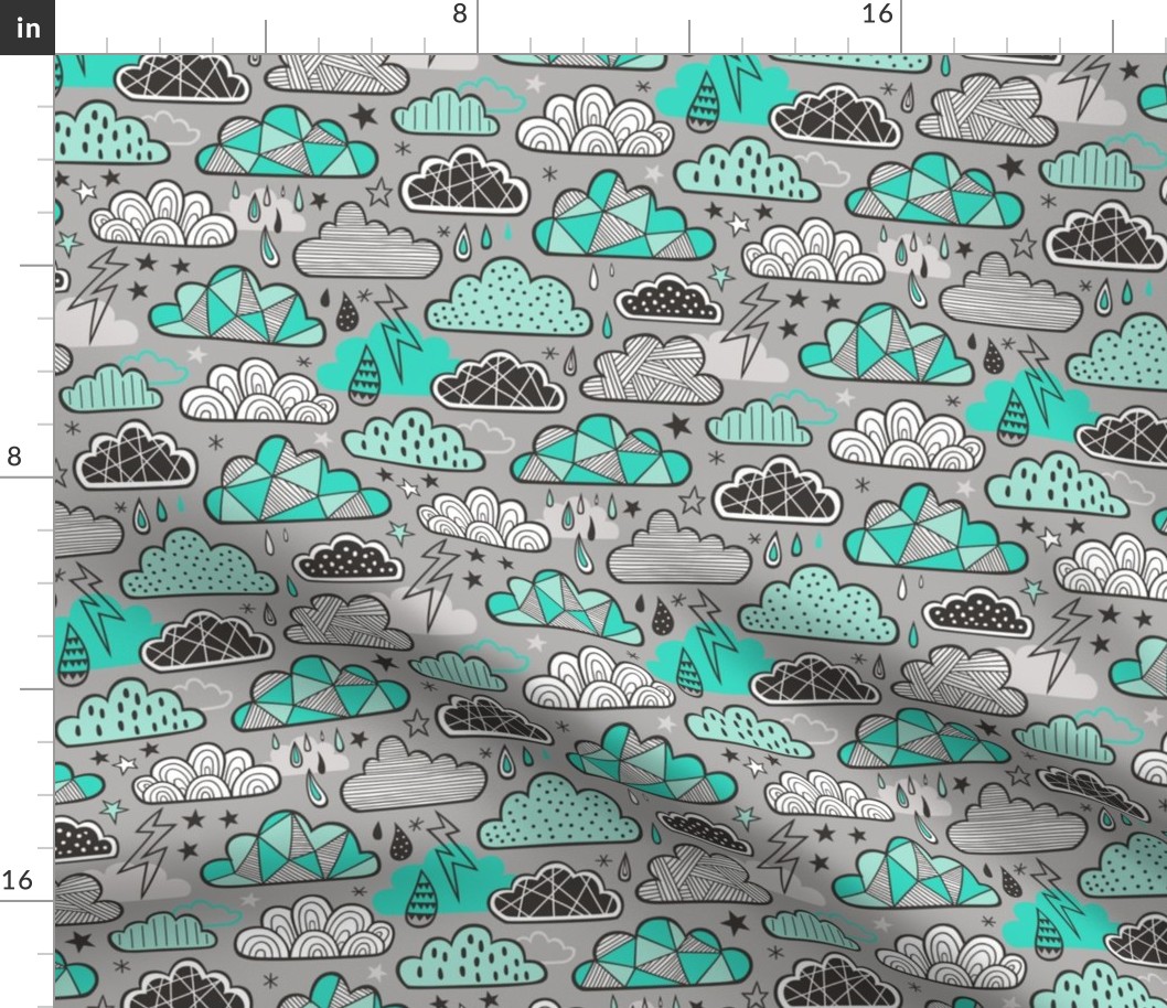 Clouds Bolts Lightning Raindrops Geometric Patterned Cloud Doodle Green on Grey