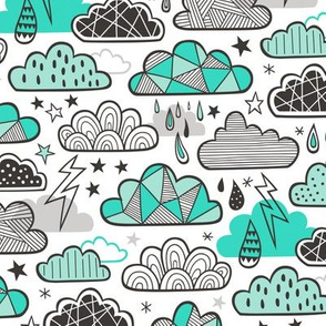 Clouds Bolts Lightning Raindrops Geometric Patterned Cloud Doodle Green