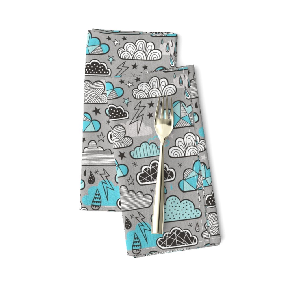 Clouds Bolts Lightning Raindrops Geometric Patterned Cloud Doodle Light Blue on Grey